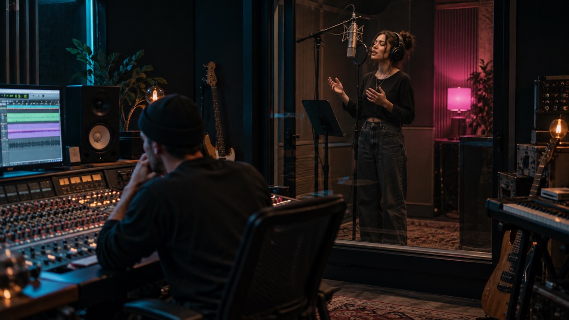 Independent singer recording while a producer reviews the session at a mixing console