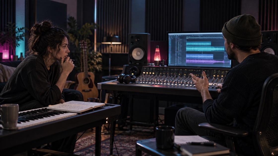Independent music creators comparing a newly arranged song in a recording studio