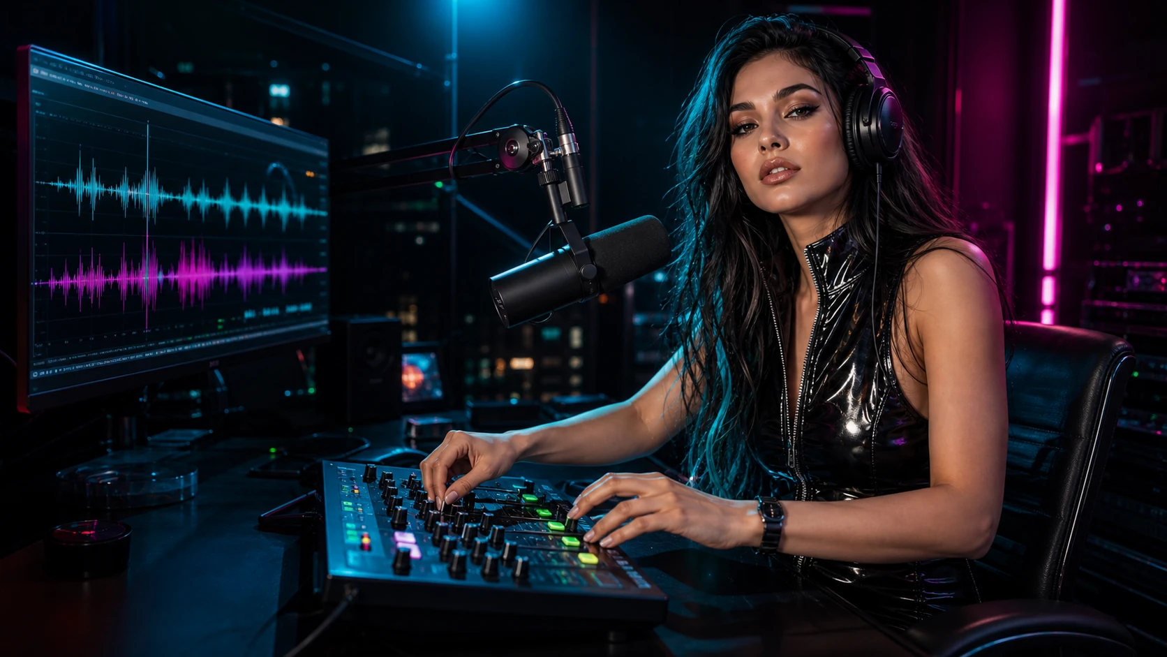 Podcast producer editing a music bed at a private workstation